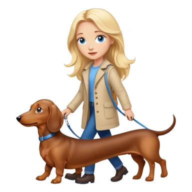 blonde girl with long hair and blue eyes walking with a dachshund sticker
