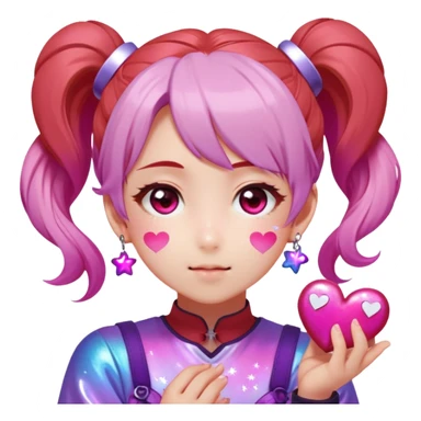 Face: Rosy terracotta skin (#E3B68E), star-pupiled eyes sparkling with 6-point white glints. Hair: Twin ponytails dyed gradient pink→purple, holographic hair charms shaped like hearts. Extra: Speech bubble exploding with "KYAAAA!" in red katakana, hands squeezing cheeks. sticker