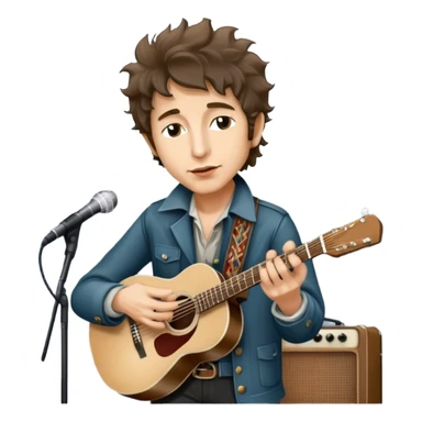 Icon for Folk Music: Bob Dylan with his harmonica and acoustic guitar, performing with his band on stage. The atmosphere should be intimate and nostalgic, capturing the soul of folk music with simple instruments and natural vibes. Transparent background. sticker
