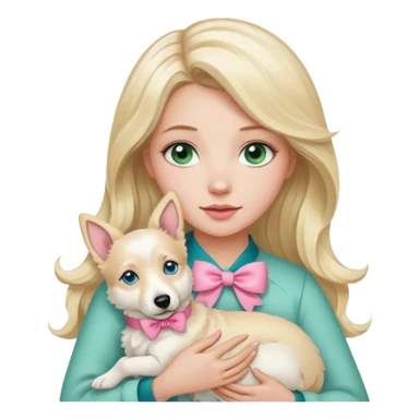 A white Long Wave blonde Hair Woman with blue-green eyes, with a Brown eyed White Shepard  in the arm ,the dog has a little bit beige in then end of the ears and a pink bow in neck . sticker
