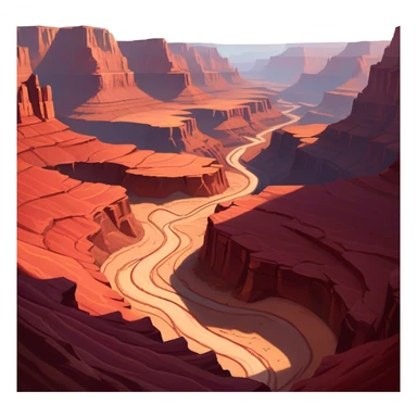 Cinematic Realistic Canyon Emoji, Vast and rugged, with deep red rock formations and winding paths leading down to a dry, dusty floor. Sunlight casts long shadows across the craggy surfaces, highlighting the layers of ancient rock. Soft glowing outline, capturing the essence of dramatic beauty and ancient history in a mighty canyon. sticker