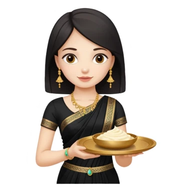 Russian girl in Indian black saree with full image from head to leg and holding a cream colour small tray in her both hands sticker