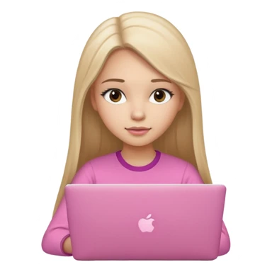 Chica lacia peli larga en una MacBook rosa investigando y haciendo tareas con un libro de apuntes y con cara muy linda como modelo sticker