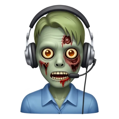 zombie customer service representative with headset and rotting face sticker