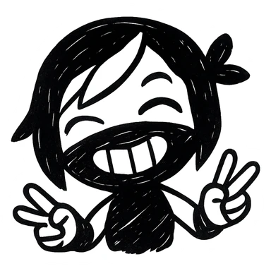 Make the expression even more weird-cute on a sexy chibi ninja girl with black short hair and a blonde streak, only head and arms, making a peace sign, bold black outlines, transparent background, no mask, eyes closed with a big toothy grin, sized for Twitch emoji use. sticker