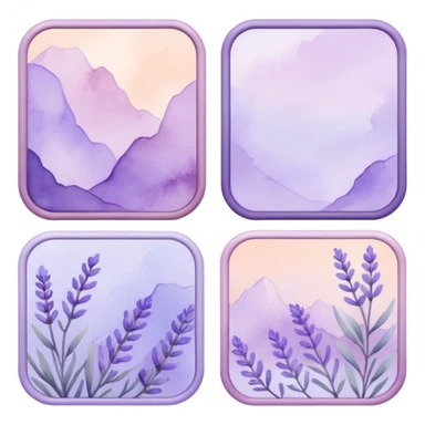 The art style is clean line art with delicate watercolor textures, pastel colors, and a dominant palette of lavender, soft lilac, and muted purple.  Delicate frames to border text sticker