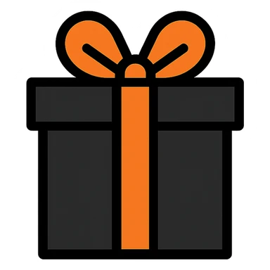 black square gift box, orange ribbon tied in a bow, flat design sticker