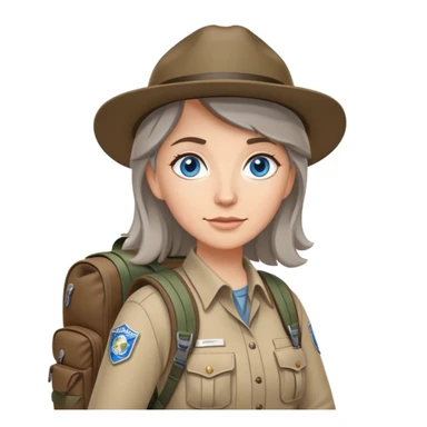 white woman park ranger with blue eyes, brown and gray hair, wearing a backpack, standing in a nature background sticker