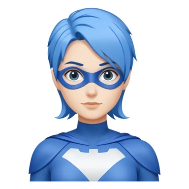 A close-up emoji of a friendly woman with blue hair (no eye mask) wearing a minimalist blue and white superhero costume. The costume has a large empty area on the chest for the logo, uses only blue and white colors, and has minimal details. sticker