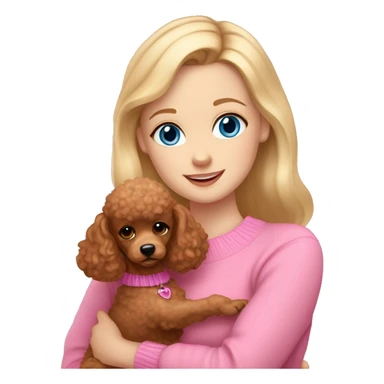 Pretty blue eyed white girl with blonde hair in a pink sweater holding a brown toy poodle with short ears sticker