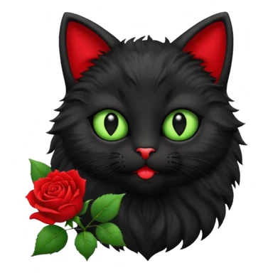 Cute emoji-style black cat holding a red rose in its mouth, big round eyes with light green sclera and black pupils, fluffy fur, clean mascot style, centered, soft beige background, 1:1 ratio. sticker