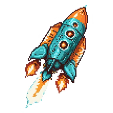 robotic teal spaceship launching to the right with rocket flames sticker