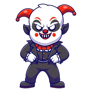 full-body muscular demonic clown in black and white leisure suit with bellbottom pants, bald, black ram horns, flashy black and white belt, ruffled white shirt, no neck tie, large fangs, cartoon sticker style sticker