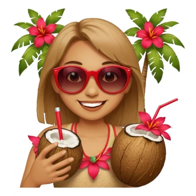 coconut drink with red flowers and summer vibe, with sunglasses and smiling sticker