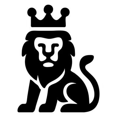 lion with a crown head, bold graphic icon, simple shapes, high contrast, no background sticker