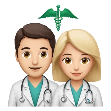 A cute cartoon-style emoji of a Saudi male and female doctors wearing white lab coats with the Alfarabi Medical Laboratories logo. Friendly smiles, soft colors, and simple features, suitable for medical branding and social media. sticker