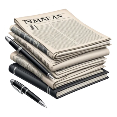 Create an emoji representing journalism and publicistic writing. The design should feature a stack of newspapers as the base, with an open working notebook placed on top of them. A single fountain pen should rest on the very top of the notebook, symbolizing the act of writing. Use neutral, professional colors like black, white, and muted tones to convey a sense of seriousness and intellect. Do not include any emojis or smiley faces. Make the background transparent. sticker