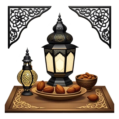 A beautifully warm and inviting Ramadan-inspired setting. A glowing ornate lantern sits on a wooden table, casting intricate patterns of light. Beside it, a decorative bowl filled with dates symbolizes hospitality and tradition.  sticker