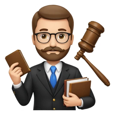 “Create a clean, modern emoji-style illustration of a male lawyer. He is wearing a formal suit jacket. He is holding a judge’s gavel (QUE SE VE DE COSTADO) in one hand and has a law book tucked under his arm. He has a mustache and beard (BARBA)!, and GLASSES sticker