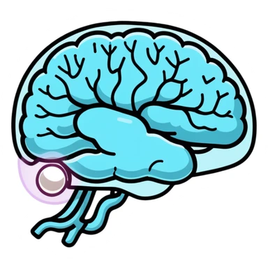 Cute sticker of a pearl and light blue capsule floating around a transparent brain with sparkling neural connections, surrounded by a gentle focus enhancing fog sticker