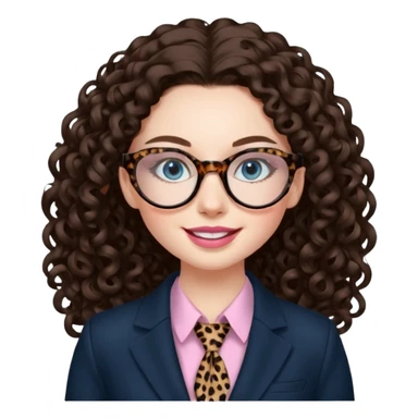A girl with white pale skin, blue eyes, full lips, brunette long curly hair. She has a leopard print round-ish shaped glasses. She is wearing a all black suit with light pink blouse inside the suit. She is making a self care face mask  sticker