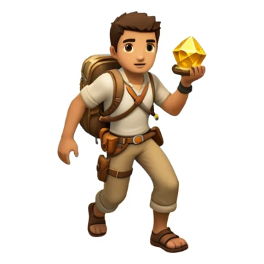 an adventure game, inspired by Uncharted-2. The design features a rugged explorer navigating through ancient ruins, with treasure and obstacles in the background. A dynamic environment with jungle, cliffs, and puzzles highlights the thrill of discovery and action. Transparent background. sticker