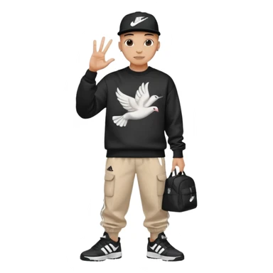 Crea Un Emoji De Cuerpo Completo Que Sea Hombre Con Corte Alucin Que Tenga Gorra Nike, Suéter Negro Que Tenga La Letras LA El La Parte Del Corazón, Zapatos Adidas Con Una Palomita✅, Pantalón Ancho O Bellaco Con Unos Diseños De Palomas Blancas Y Asiendo Una Pose Con Su Mano Que Sea Está 🤙🏽. sticker