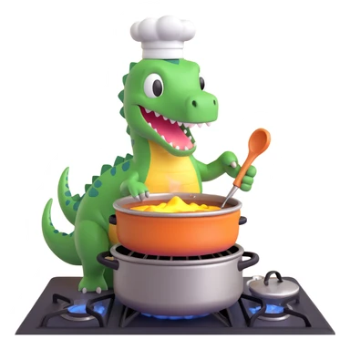 cute dinosaur cooking at a stove, stirring a pot, 3d emoji style sticker