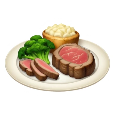 Plate of prime rib baked potato broccoli and parsnip sticker