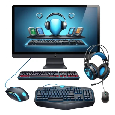 An icon featuring a gaming setup with a high-tech monitor displaying a competitive game, a keyboard, and a gaming mouse. The design includes a headset and a trophy, symbolizing victory and skill in esports. Transparent background highlights the energy and precision of professional gaming. sticker