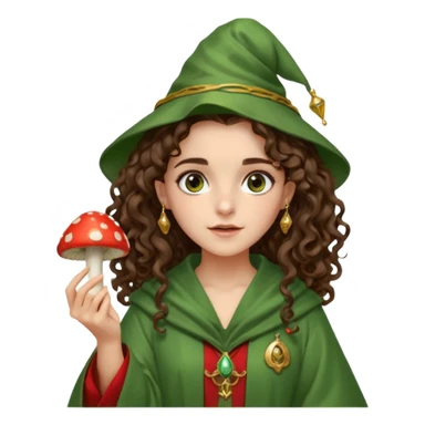 very beautiful italian girl, dark brown eyes, looking like Emma Watson, with curly and big volume very bright brown hair, and a golden piercing ring in nose on left side, dressed in a beautiful wizard robe of green colors, holding red fly mushroom sticker
