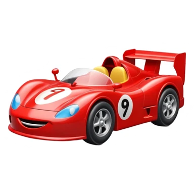 A red toy race car with a happy smiling face on the front sticker