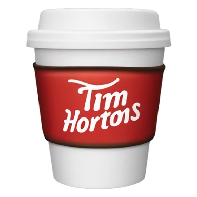 “Red Tim Hortons coffee cup with large white ‘Tim Hortons’ logo in script, black plastic lid, and a simple, clean design.” sticker