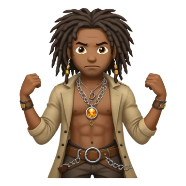 a angry black man with dreads and a circle pendant chain to the side slanging back and forth a belt sticker