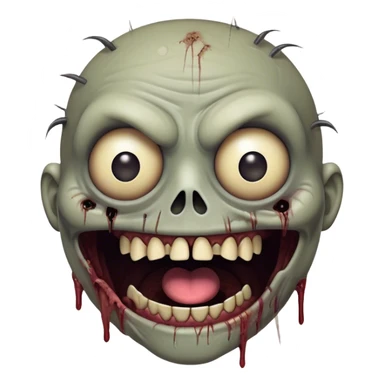 Cinematic Comical Zombie Portrait Emoji, with a grotesquely exaggerated yet playful decaying face in muted ashen tones, head cocked in a dramatically shocked expression with wildly comical, googly eyes and a gaping, silly grin revealing quirky stitches, simplified yet hilariously expressive, highly detailed with a soft eerie glowing outline capturing the absurd humor of a zombie in comic disbelief! sticker