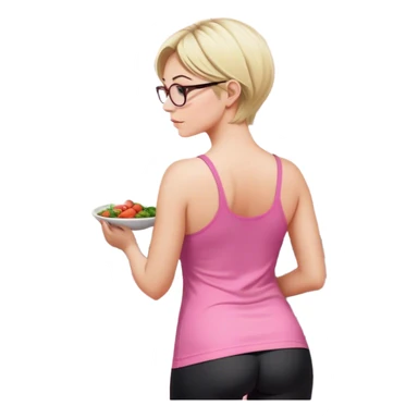 Render from knees up, view from the back, fair skinned woman, curvy, short blond hair, small reading glasses, cooking dinner in kitchen, pink loose tank top, showing natural B cup breast shape SFW, black yoga pants, large curvy booty sticker