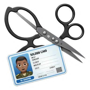 Floating black Scissors cutting an idf soldier ID card in 2 parts .hyper realistic sticker