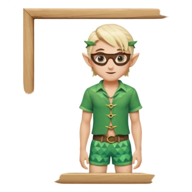 elf male legolas portrait, patterned board shorts (geometric/abstract), unique wooden-framed sunglasses, undercut hairstyle, slight smirk, visible pointy ears, no background, centered emoji, hipster summer vibe sticker