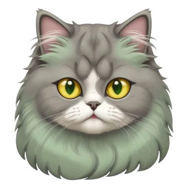 cute Persian cat with long gray fur, white patch on forehead and white chest, big yellow-green eyes, different position, emoji style sticker