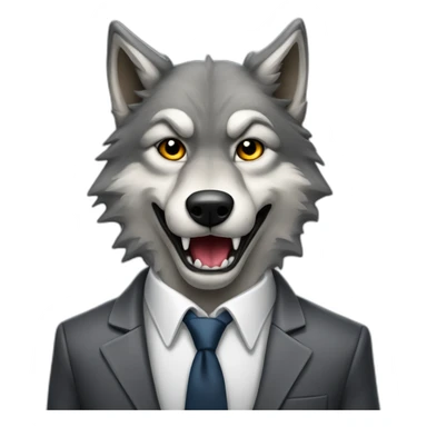 Portrait of a gray wolf showing fangs with a human-like face wears a sleek jacket and tie like a salesman sticker