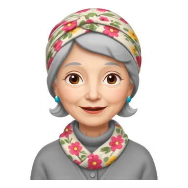 A kind old Soviet village grandmother emoji — elderly woman wearing a floral headscarf tied under her chin, simple gray cardigan, warm smile, friendly face, flat emoji style, minimal Apple-like design. sticker