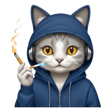 cat in headphones, in a dark-blue almost black oversized hoodie with a cigarette in his hand sticker