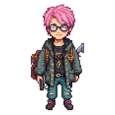 A punk guy with pink hair, wearing Harry Potter glasses, and holding an AK-47 sticker
