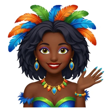 i need the same girl in "dark skin girl, dark red lipstick, nails very beautiful" to be smiling in "carnival mas costume, blue, green and orange preferably, full costume feathers at the back" she is to be smiling, hair should be dark shoulder length, black nail polish on her fingers  sticker