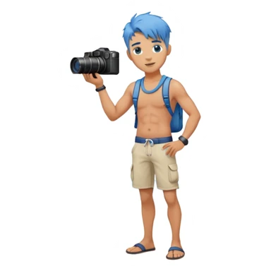 blue hair full body handsome man with camera and beach outfit  standing sticker