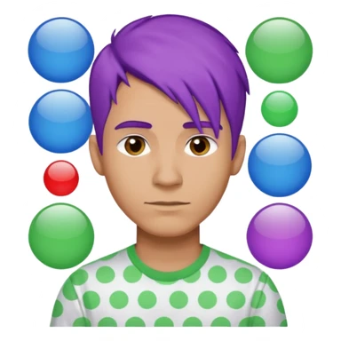 Man with green white shirt  with purple hair  with blue block with white circles with top ￼￼￼￼ sticker