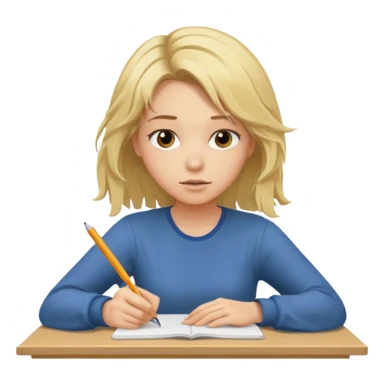 young blonde disheveled hair woman is writing an exam sticker