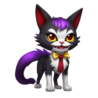 Cute-Evil-Vampiric-Batty-Cat-Black-Purple-Red-Yellow-Contrast-Colors-Fantasy-Fur-Sona-Chibi-Shiny-Fakémon-Hybrid with horns and big fangs neck bow white tie leg spats full body sticker