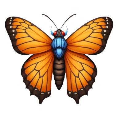 moth with blue eyes mornach butterfly wings orange and yellow with red godzilla eyes on the wings, brown tail, black Moth Insect Arms and legs almost like mothra sticker