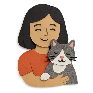 mulher de cabelo preto com gato frajola cinza em estilo paper craft sticker